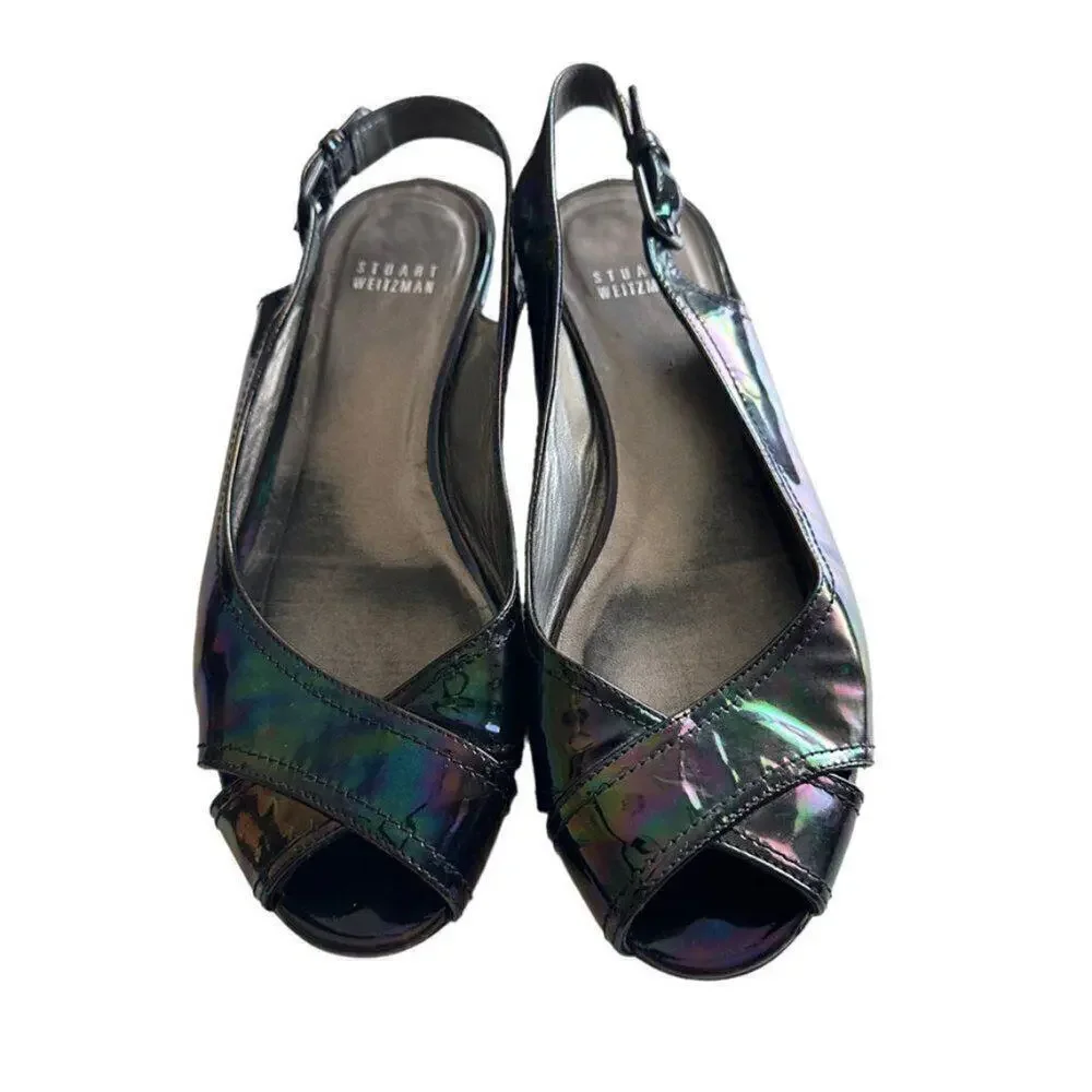 Stuart Weitzman Patent Leather Sling Back Flats Women's 8 Black‎ Petrol Patent